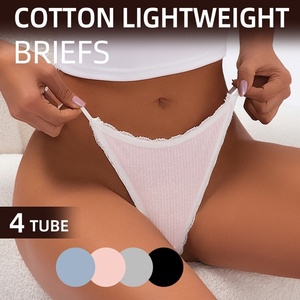 Slip G-string da donna in cotone a costine 95% a vita bassa con finiture in pizzo, morbido ed elasticizzato, per uso quotidiano - Product Image 4