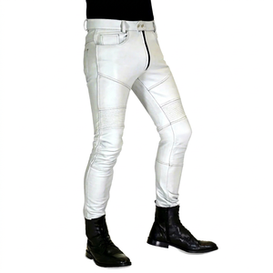 Pantalon d'hiver pour homme en cuir véritable blanc, grande taille, avec fermeture boutonnée, coupe protectrice, à porter avec des bottes noires - Product Image 1