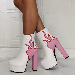 New Style Fire Print Round Toe Platform Back Zipper Fashion Women Ankle <b>Boots</b> High Chunky Heel Large Size 47 - Product Image 6