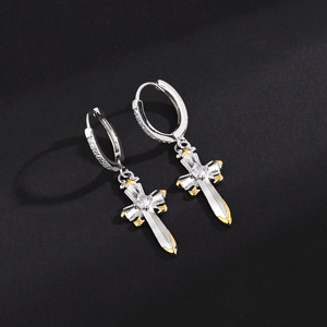 Cross Hoop Earrings Zinc Alloy Claw Setting Geometric Dangle Earrings For Men And Women Trendy Hip Hop Accessories - Product Image 1