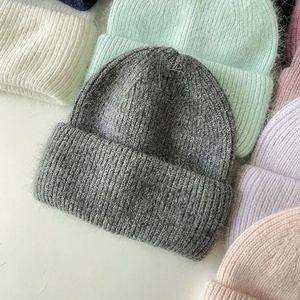 Wholesale Solid Color Angora Rabbit Fur <b>Winter</b> Cap Custom Logo Women Men Fisherman Classic Cuffed Ski Style Knitted Beanies Hat - Product Image 6