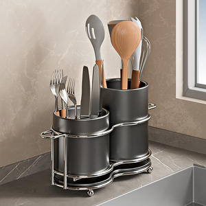 Organisateur d'ustensiles de cuisine avec support rond multifonctionnel pour le rangement des cuillères, fourchettes et couteaux, avec égouttoir - Product Image 1
