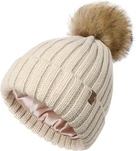 Womens Mùa Đông Ấm Áp Đan Beanie Mũ Satin Lót Faux Fur Pom Pom Beanies Hat Cho Cô Gái