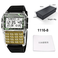 Reloj Multifunción para Hombre con Calculadora, Caja Transparente de Plástico, Correa de TPU, Pantalla LED, Reloj Digital