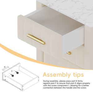 Upholstered Nightstand With 3 Drawers Metal Legs And Handles <b>Marbling</b> Top Beige <b>Bedside</b> <b>Table</b> - Product Image 3