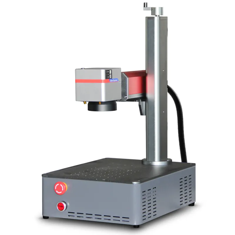 Mesin tanda Laser serat mini 20w 30w, desktop merah dan abu-abu dengan sumber laser maks/raycus untuk papan nama hewan peliharaan tanda tag kunci