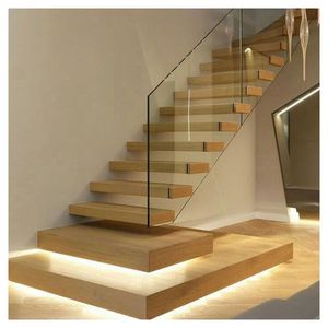 Villa galleggiante invisibile Stringer scale diritte senza telaio corrimano rosso quercia scala con luce a Led - Product Image 1