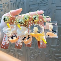 Porte-clés liquide Boba Tea mignon avec ours flottant, pendentif à effet de déplacement pour sac et clés de voiture, cadeau breloque thé au lait Kawaii