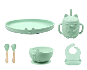 ชุดอาหารสำหรับเด็กทารกทำจากซิลิโคนเกรดอาหารสำหรับขายส่ง พร้อมถ้วย ชาม จาน ผ้ากันเปื้อน ช้อน และส้อม ทำความสะอาดง่าย กันน้ำ - Product Image 3