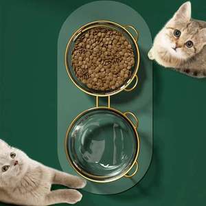 Rts tigela de vidro dupla para gato, tigela de comida para cachorro e gato com armação de ferro, suporte dourado, tigela de alimentação elevada, acessórios para animais de estimação - Product Image 1