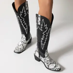 Meşgul kız kovboy çizmeleri moda Snakeskin desen nakış diz yüksek artı boyutu şövalye çizmeler kalın topuklu bayan ayakkabıları DR4117