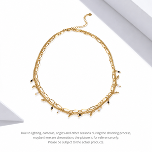 Collar de Cadena en Capas de Acero Inoxidable con Perlas de Imitación, Chapado al Vacío en Oro de 14K, Ajustable, Doble Hilo - Product Image 1