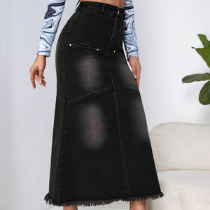 Da donna nero sfilacciato orlo largo Street Wear gonne lunghe Casual in Denim per le donne con tasche sfilacciate orlo grezzo - Product Image 2