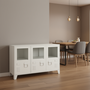 Buffet de rangement industriel blanc 41.3x13.8x24.4 en métal et verre pour la maison - Product Image 2