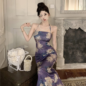 Printed Halter Neck Bodycon Dress Floral Print Slim Fit Cocktail Dress Women's Elegant Long Dress Spring Style - Product Image 5