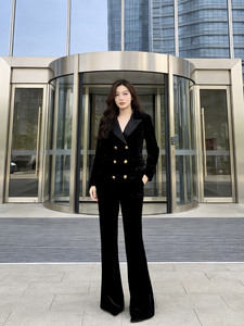Womens Velvet Two Piece Suit Double Breasted <b>Blazer</b> and Flare Pants Elegant Slim Fit Formal <b>Set</b> - Product Image 6