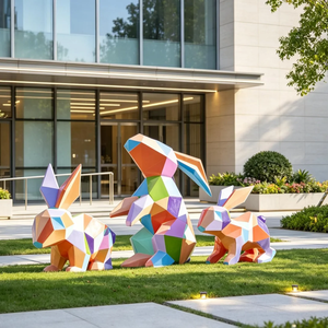 Statua di Coniglio a Forma di Cuore in Fibra di Vetro, Ornamento Geometrico Colorato per Decorazione di Giardini e Comunità - Product Image 1