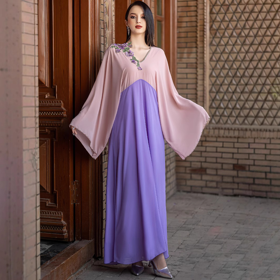 pink purple color dress Purple A Line V Neck Lace Satin Long Prom Dresses, Lace Purple Formal –  abcprom main image 0