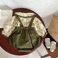 Combinaison bébé Angou, style coréen, automne, 0-2 ans, haut à col de poupée floral, salopette à bretelles, ensemble deux pièces
