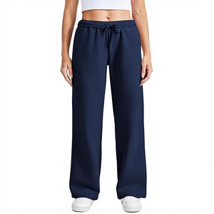<b>Women's</b> Navy Wide Leg Sweatpants Elastic Waist Drawstring Loose Fit Casual Full Length <b>Trousers</b> - Product Image 1
