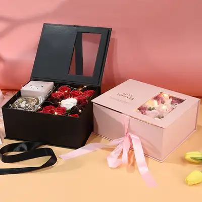 Caja de regalo de San Valentín, decoración de boda, Rosa plateada, con cinta de flores, embalaje de tienda con ventana de PVC, nueva
