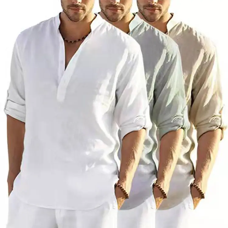 Wholesale Half Sleeve 100 Linen Fabric Men Cotton Linen Shirts Men