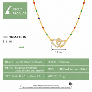 Collier double cœur en acier inoxydable plaqué or 14 carats, zircone cubique, chaîne en émail coloré - Product Image 2
