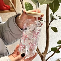 Untuk Gelas Cola dengan Tutup Bambu Sedotan Plastik Gelas Air Bow16oz Gelas Mewah Ringan Bernuansa High-End