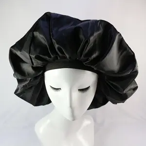 FF57 Topi Penutup Rambut Sutra untuk Wanita, Topi Bonnet Perawatan Rambut Tidur Malam Elastis Ganda Bahan Satin Besar Warna Hitam