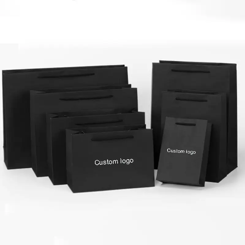 Bolsa de papel con asas de cuerda de algodón, logotipo personalizado, color negro, mate, para negocios, Boutique, compras, regalo
