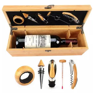 Großhandel 5-teilig Bar-Werkzeuge Weinflasche Korkenfänger Bambus-Holzkiste-Set Weinaccessoires Geschenkset