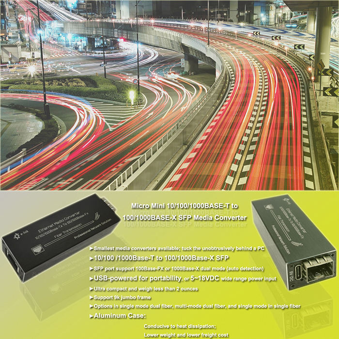 Micro Mini 10/100/1000BASE-T to 100/1000BASE-X SFP Media Converter Aluminum Case Including Power Supply