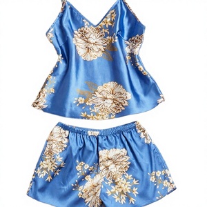 Conjunto de Pijama de Dos Piezas para Mujer, Casual, Transpirable, de Satén, con Cuello en V, Pantalones Cortos con Tirantes Florales Negros y Cintura Elástica, Ropa de Dormir Sexy para Verano - Product Image 2