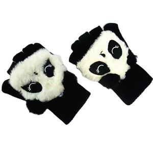 Winter Warme Handschoenen Met Flip-Top Dierenpandahandschoenen Pluche Halve Vingerhandschoenen - Product Image 1