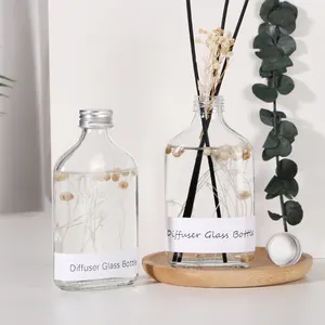 200 ml flache transparente hängende aroma-schilf-diffusor-glasflasche mit getrockneten blumen