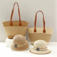 Ensemble Sac de Plage et Chapeau Tendance Nouvelle Mode – Sac Seau en Paille à Bandoulière avec Fermeture Éclair pour Femme – Sacs de Voyage et de Plage