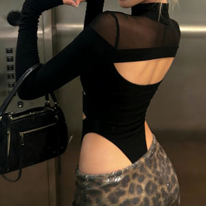 2026 New Y2K <b>Sexy</b> <b>Women</b> Bodysuit High Neck Hollow Out Mesh Patchwork Tight Skinny Knitting Shirt for Wholesale - Product Image 5