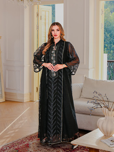 Haya 2025 Nida Abaya recortada con encaje negro con bordado Floral plateado ropa islámica para mujer elegante vestido de noche modesto - Product Image 3