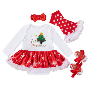 Christmas Snowflake Bag Fart Skirt Girls' Skirt Set Baby Long Sleeved Baby One-piece Skirt Four Piece Set Wholesale for Baby - Product Image 1