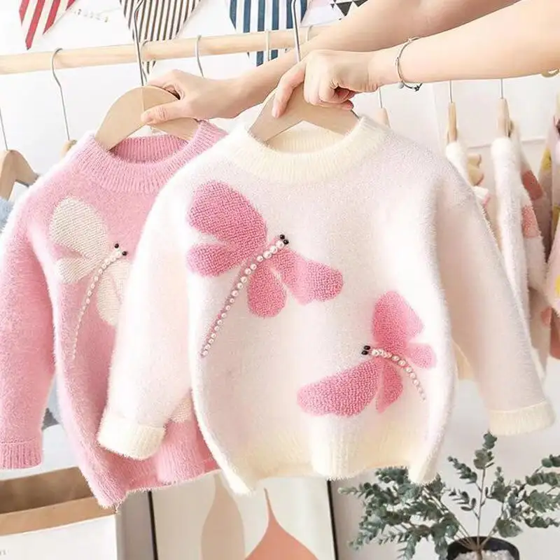 Модный детский вязаный пуловер из плотной норковой шерсти на осень и зиму, Детский свитер для маленьких девочек
