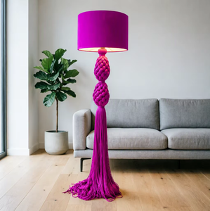 Lampadaire moderne noué avec abat-jour en textile rose, grand modèle, style contemporain, pour la décoration du salon - Product Image 1