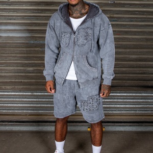 Custom Two Piece Sweatsuit Track Short Set <strong>Summer</strong> Distressing Embroidery Tracksuit Zip up Hoodie and Shorts <strong>Jacket</strong> Sets <strong>Men</strong> - Product Image 5