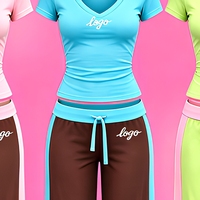 Ensemble de vêtements de détente pour femmes avec logo personnalisé Y2K, chemise à manches courtes à col en V et pantalon capri à rayures latérales
