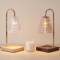 Lampu Pemanas Lilin Aroma Terapi dengan Kap Lampu Kaca Amber Beralur, Alas Kayu, Penghangat Lilin dengan Timer 2H 4H 8H