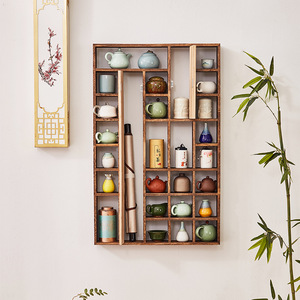 Estante de exhibición montado en la pared de estilo chino, estante de almacenamiento para tetera de madera maciza, forma rectangular para decoración de sala de estar - Product Image 1