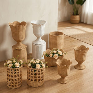 Juego de macetas rústicas de ratán con diseño festoneado para decoración de interiores, maceteros de color natural, jarrones de mimbre hechos a mano - Product Image 3