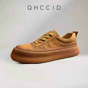 Baskets plateforme rétro pour hommes en cuir véritable à lacets, chaussures décontractées à talon moyen rehaussant la taille, marron et noir, pour usage quotidien - Product Image 2