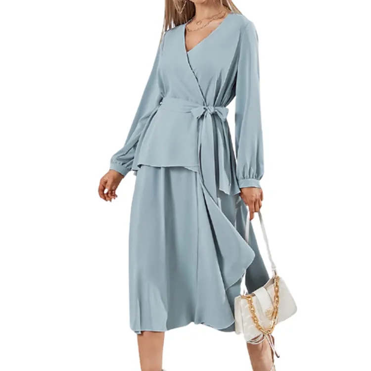 Bahar yeni stil katı kemer sarılmış bluz elbise uzun kollu diz boyu moda ince elbise fırfır kadın iş elbisesi
