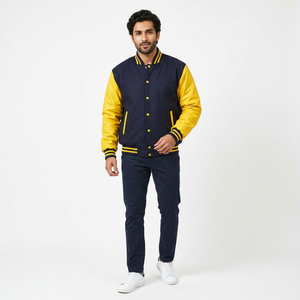 Black Wool Body Varsity <b>Jacket</b> Stand Front Button Decoration Polyester/Cotton <b>Long</b> Sleeves Breathable Winter College Baseball - Product Image 1
