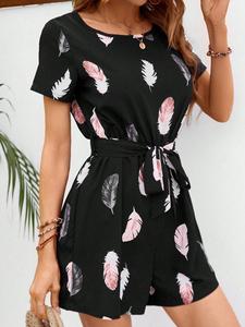 Combinaison à manches courtes pour femmes, imprimé plumes, col rond, taille élastique, ceinture à nouer, combinaison d'été décontractée, multicolore - Product Image 5